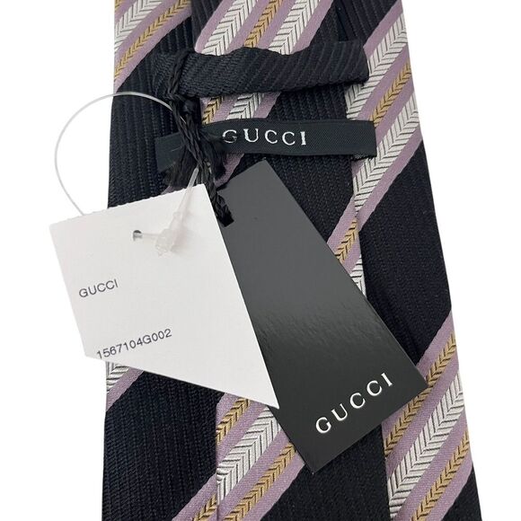 Gucci NEW Men's Tie Chevron Striped Logo Black Woven 100% Silk 3.75" (W) 58" (W) - Picture 2 of 11